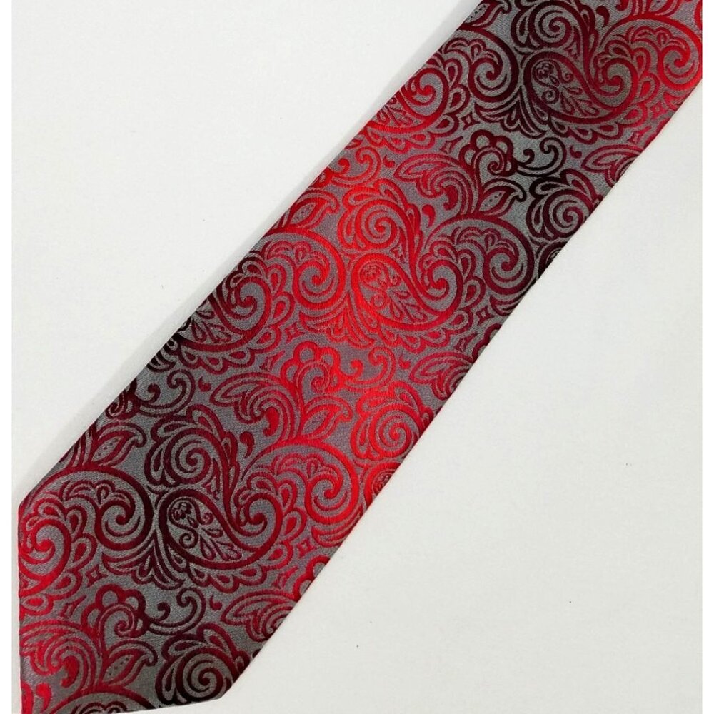 J Ferrar Necktie Paisley Red Gray Silver Slim 2.75" wide X 60" long